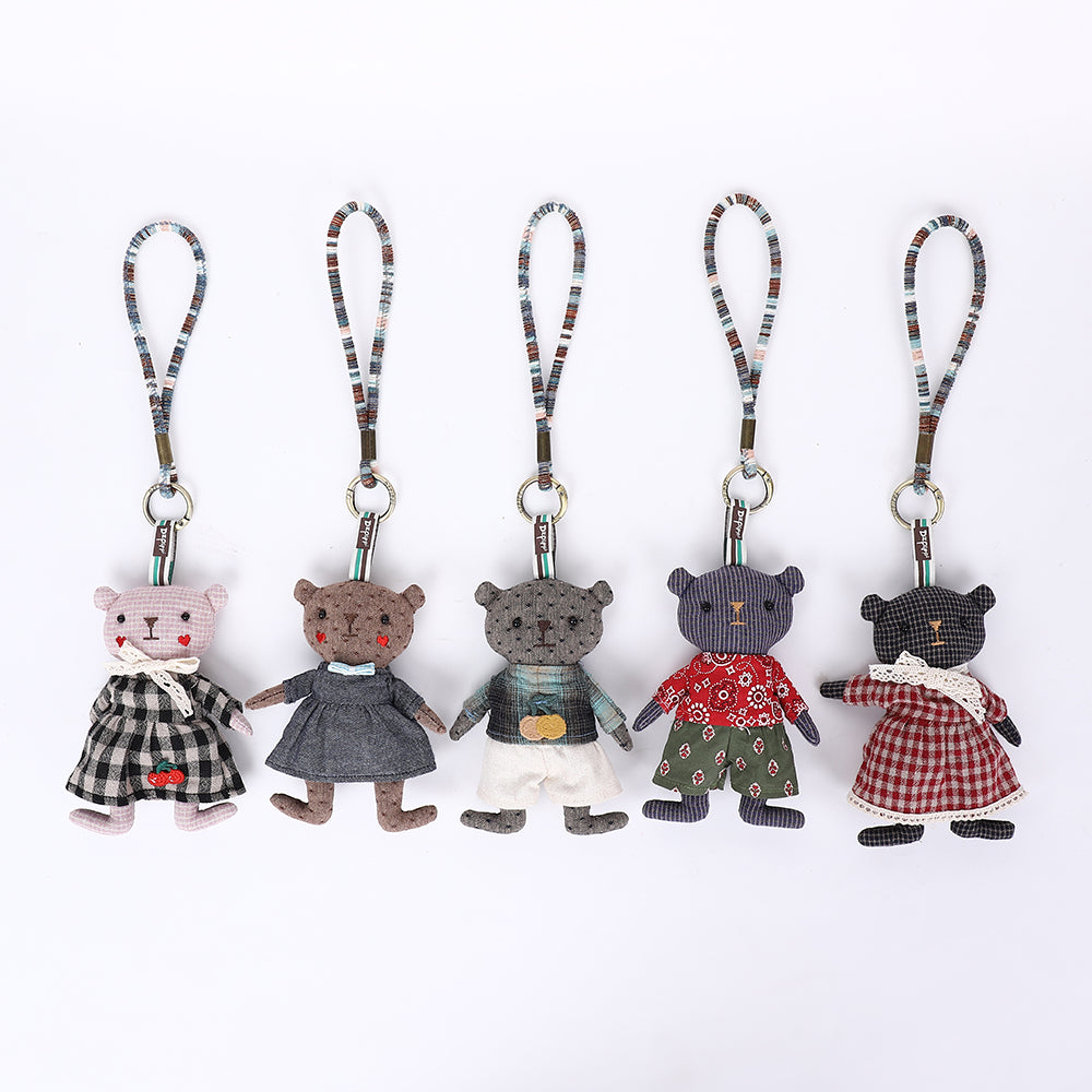Handmade Fabric Bear Bag Charm Keychain - Plush Animal Hanging Accessory