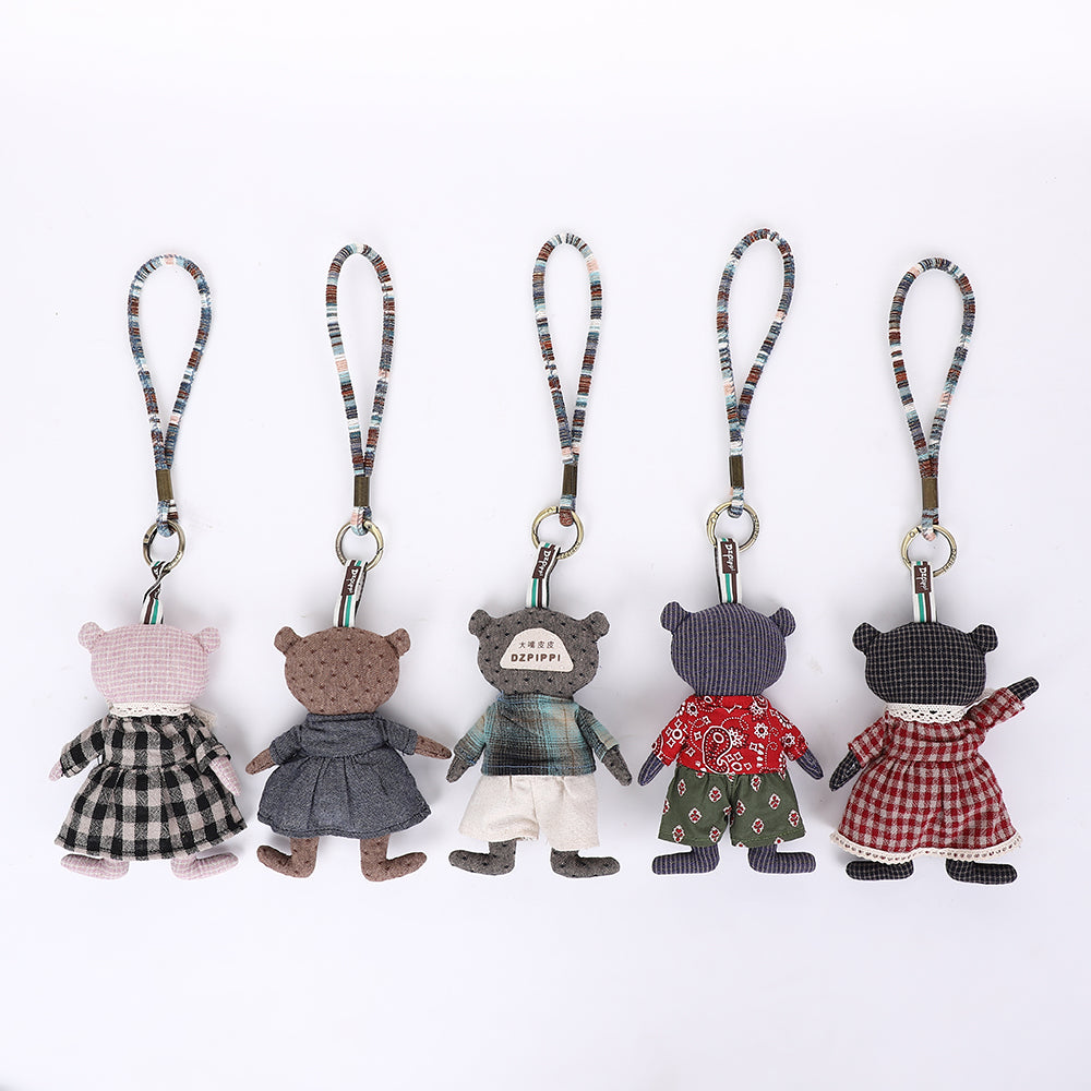 Handmade Fabric Bear Bag Charm Keychain - Plush Animal Hanging Accessory