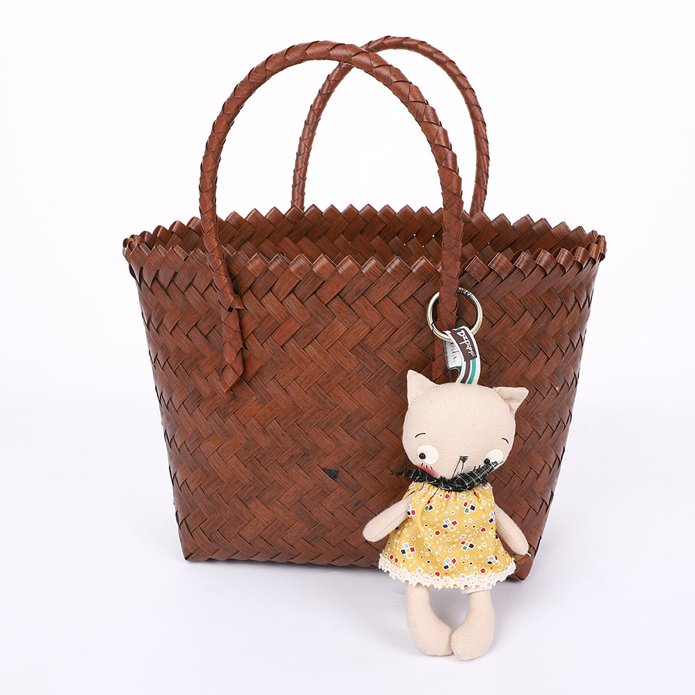 Handmade Fabric Cat Keychain - Yellow Dress Cloth Bag Charm, 1 Pc