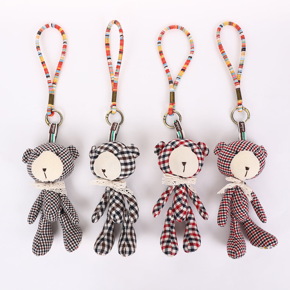 Handmade Fabric Bear Keychain - Plaid Teddy Bear Bag Charm, 1 Pc