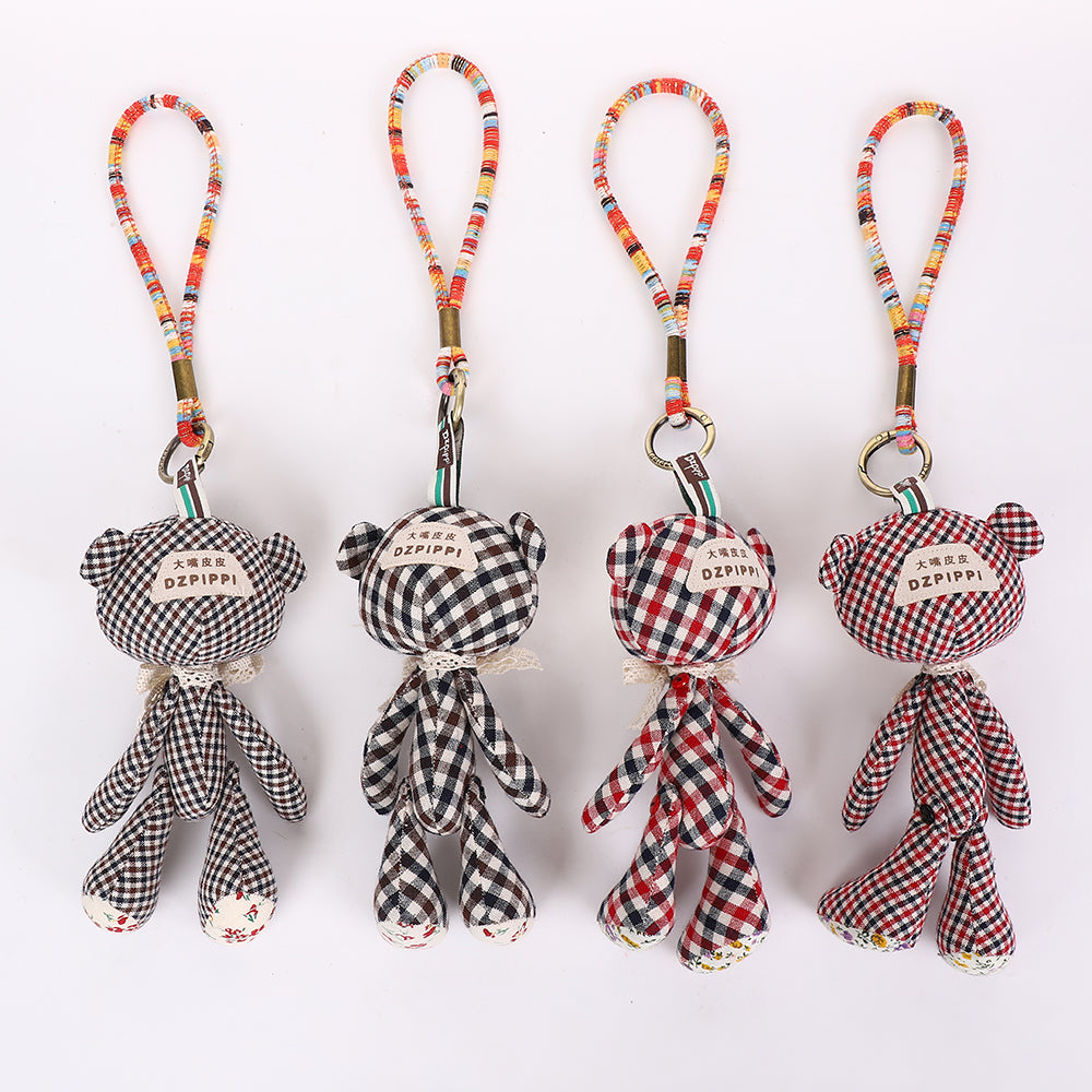 Handmade Fabric Bear Keychain - Plaid Teddy Bear Bag Charm, 1 Pc