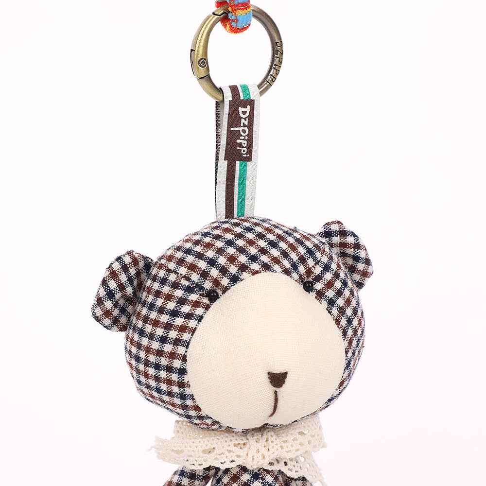 Handmade Fabric Bear Keychain - Plaid Teddy Bear Bag Charm, 1 Pc