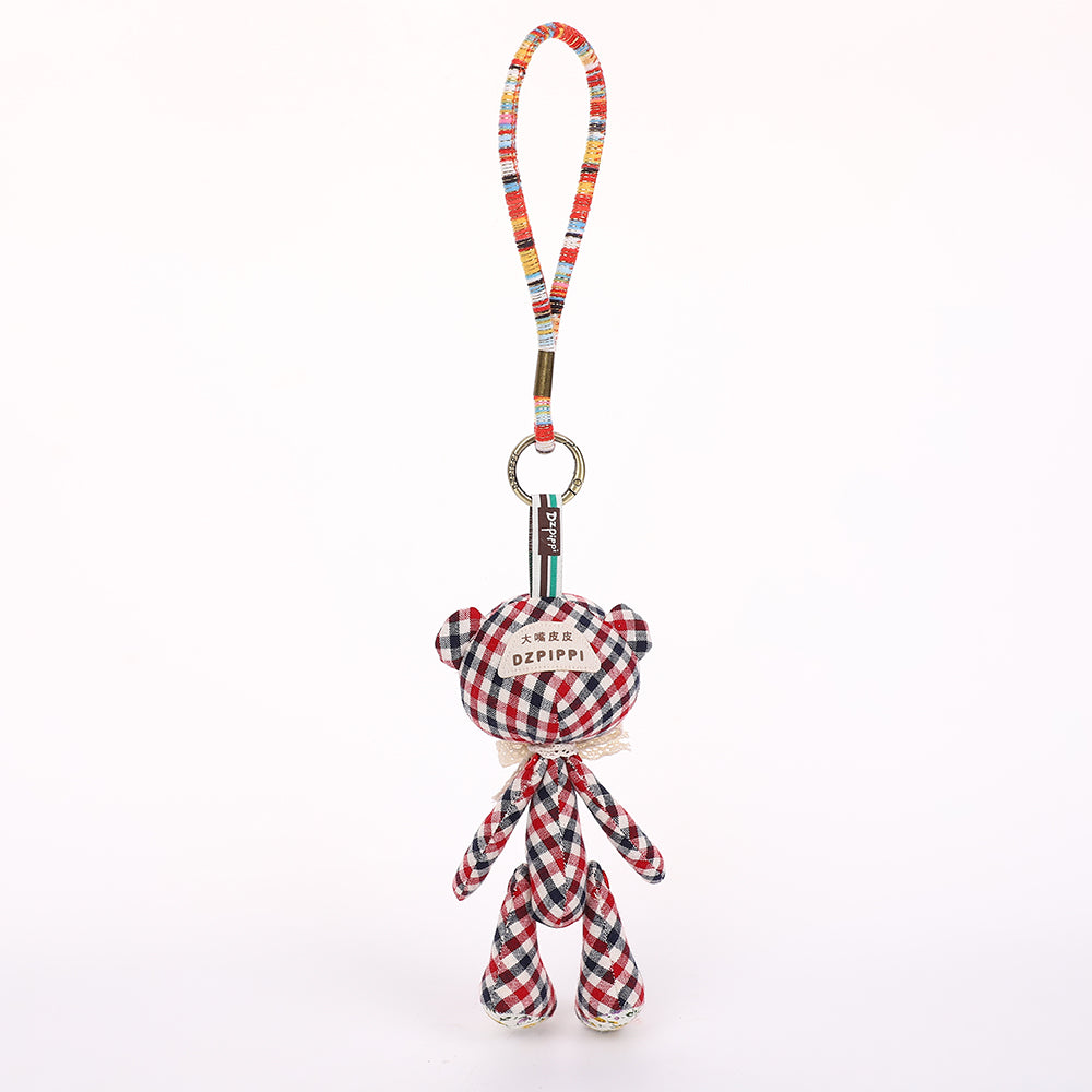 Handmade Fabric Bear Keychain - Plaid Teddy Bear Bag Charm, 1 Pc