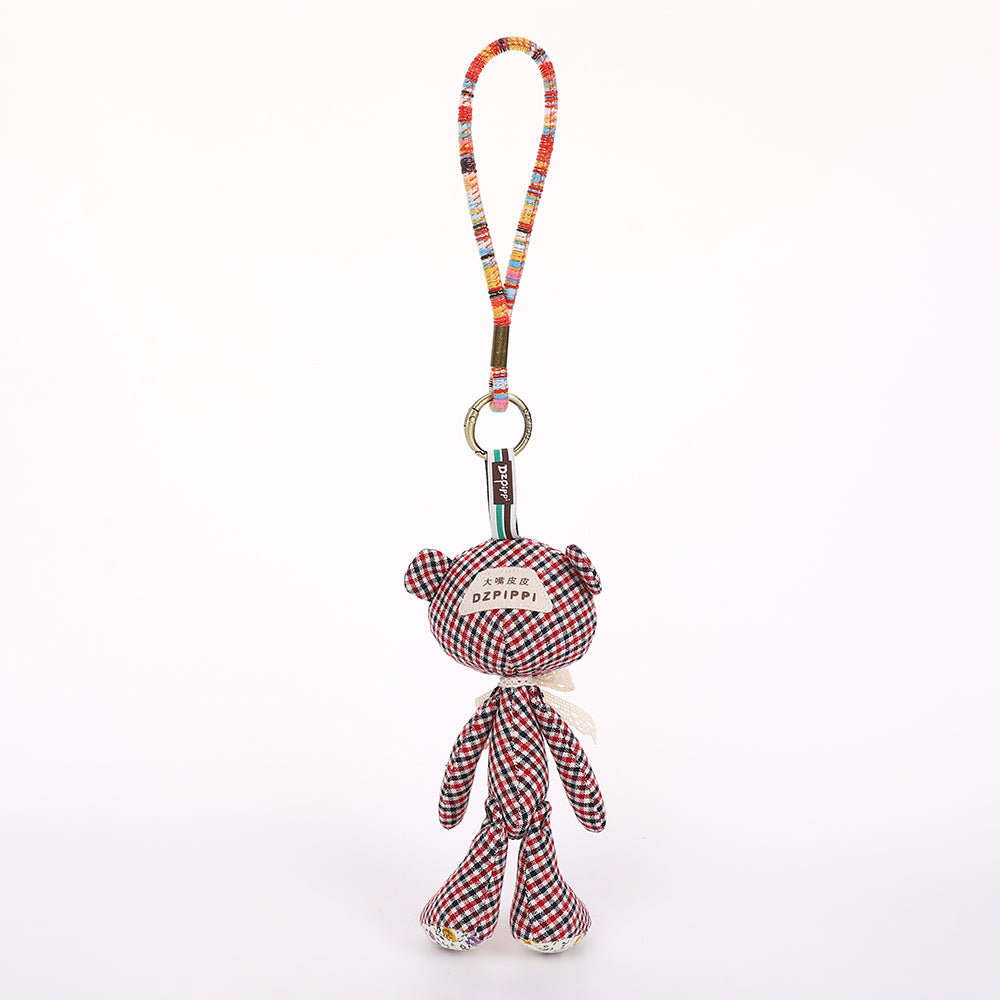 Handmade Fabric Bear Keychain - Plaid Teddy Bear Bag Charm, 1 Pc