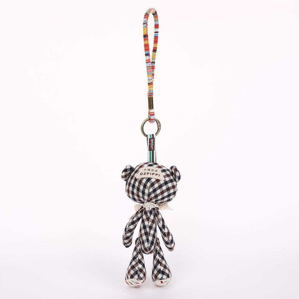 Handmade Fabric Bear Keychain - Plaid Teddy Bear Bag Charm, 1 Pc