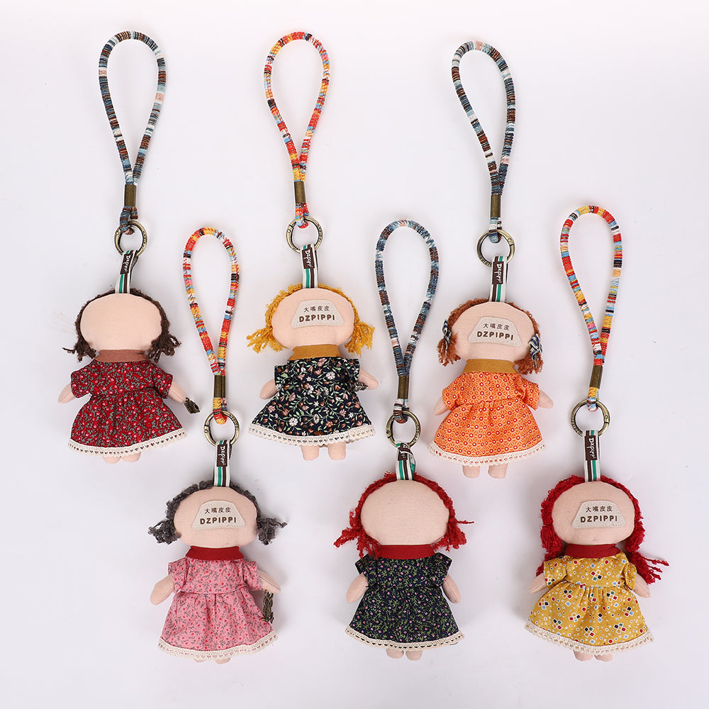 Handmade Fabric Doll Keychain - Red Hair Girl Bag Charm, 1 Pc