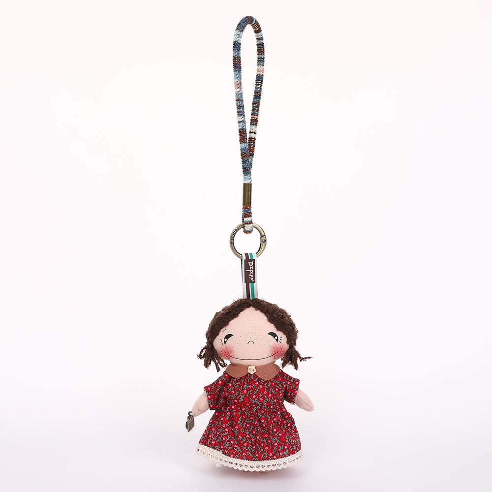 Handmade Fabric Doll Keychain - Red Hair Girl Bag Charm, 1 Pc