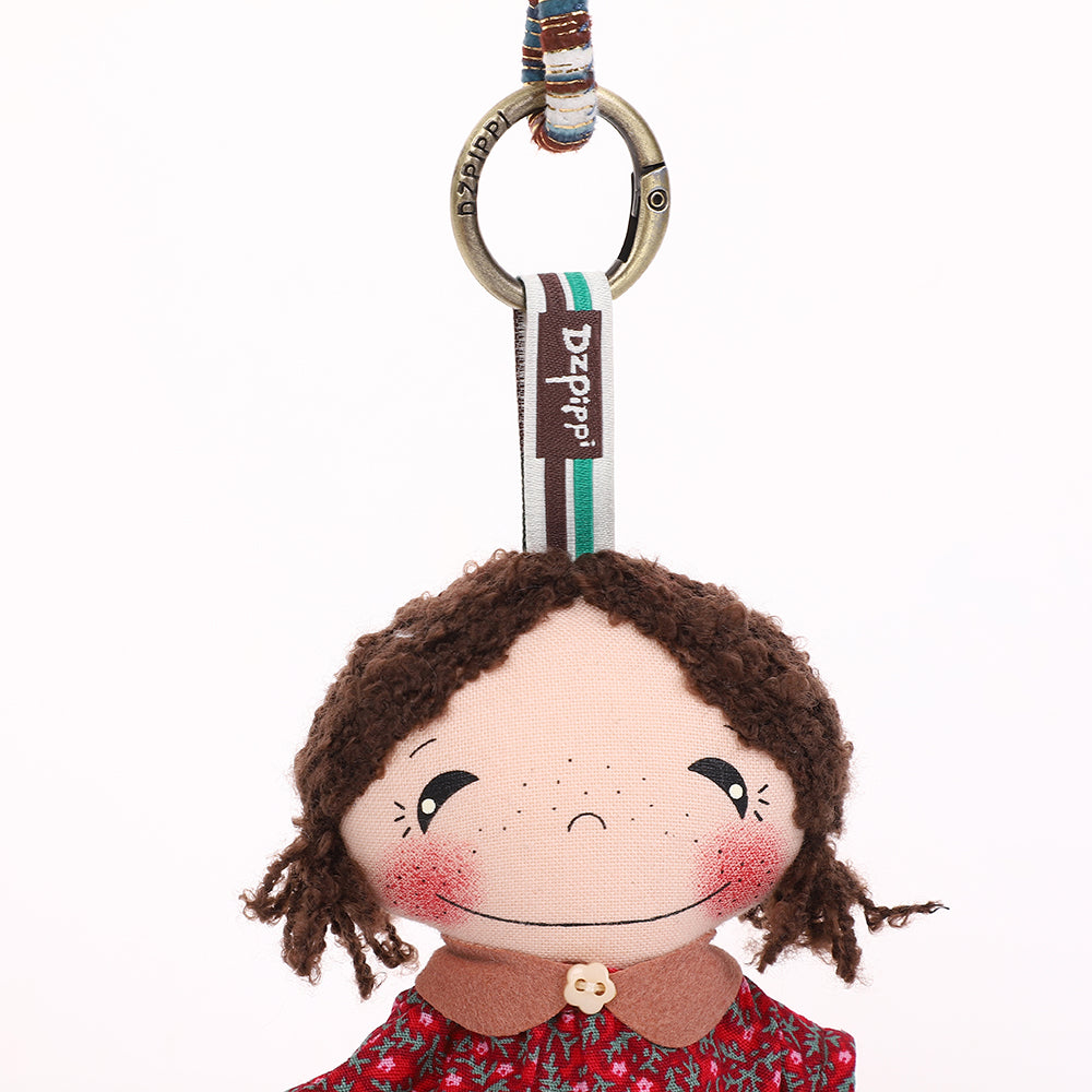Handmade Fabric Doll Keychain - Red Hair Girl Bag Charm, 1 Pc