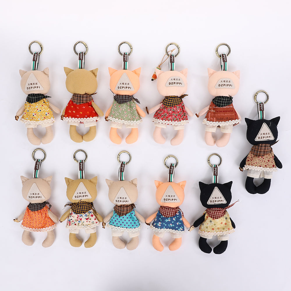 Handmade Fabric Cat Keychain - Yellow Dress Cloth Bag Charm, 1 Pc