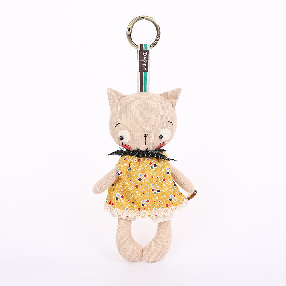 Handmade Fabric Cat Keychain - Yellow Dress Cloth Bag Charm, 1 Pc