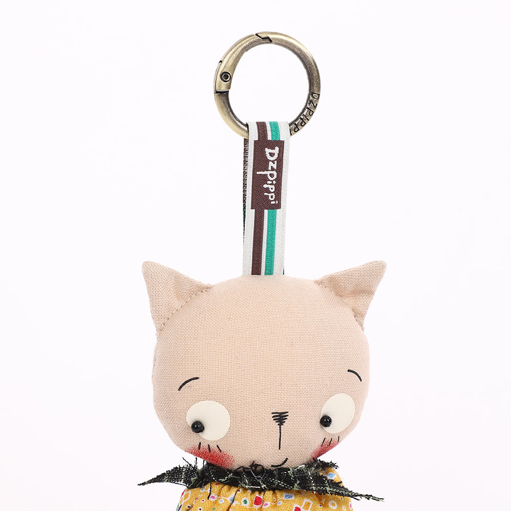 Handmade Fabric Cat Keychain - Yellow Dress Cloth Bag Charm, 1 Pc