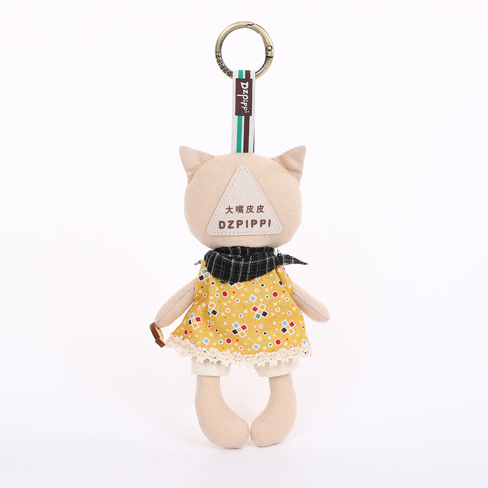 Handmade Fabric Cat Keychain - Yellow Dress Cloth Bag Charm, 1 Pc