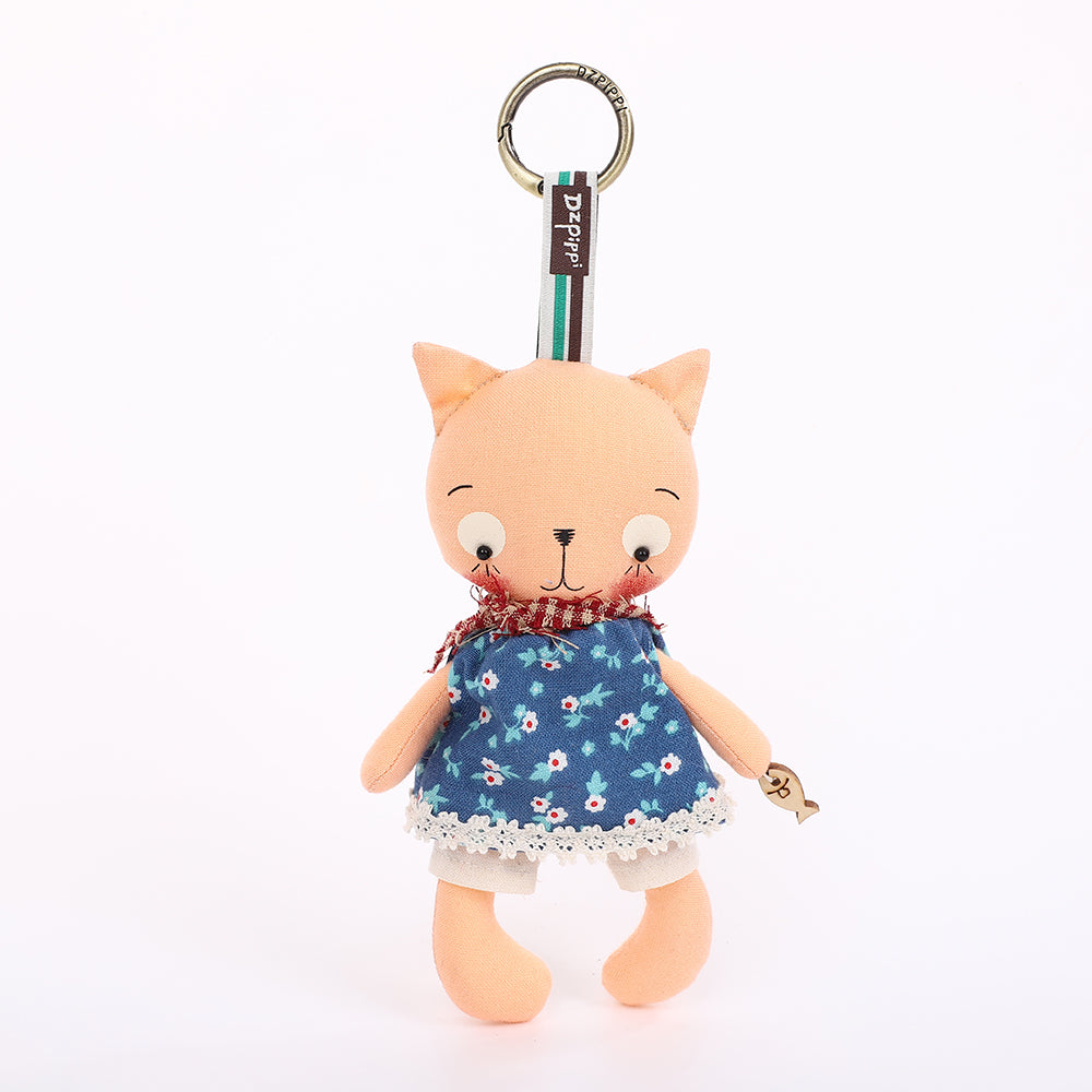Handmade Fabric Cat Keychain - Yellow Dress Cloth Bag Charm, 1 Pc