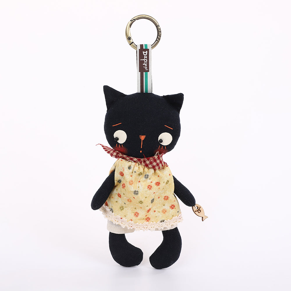 Handmade Fabric Cat Keychain - Yellow Dress Cloth Bag Charm, 1 Pc