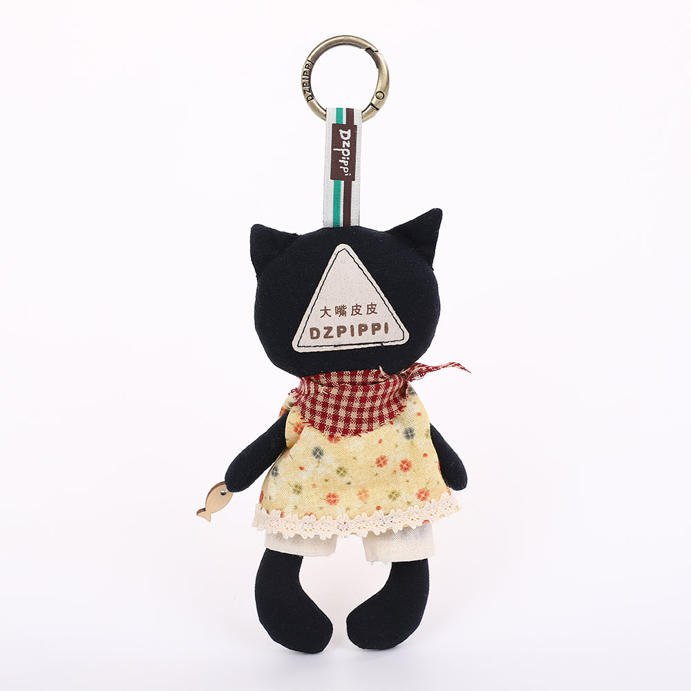 Handmade Fabric Cat Keychain - Yellow Dress Cloth Bag Charm, 1 Pc