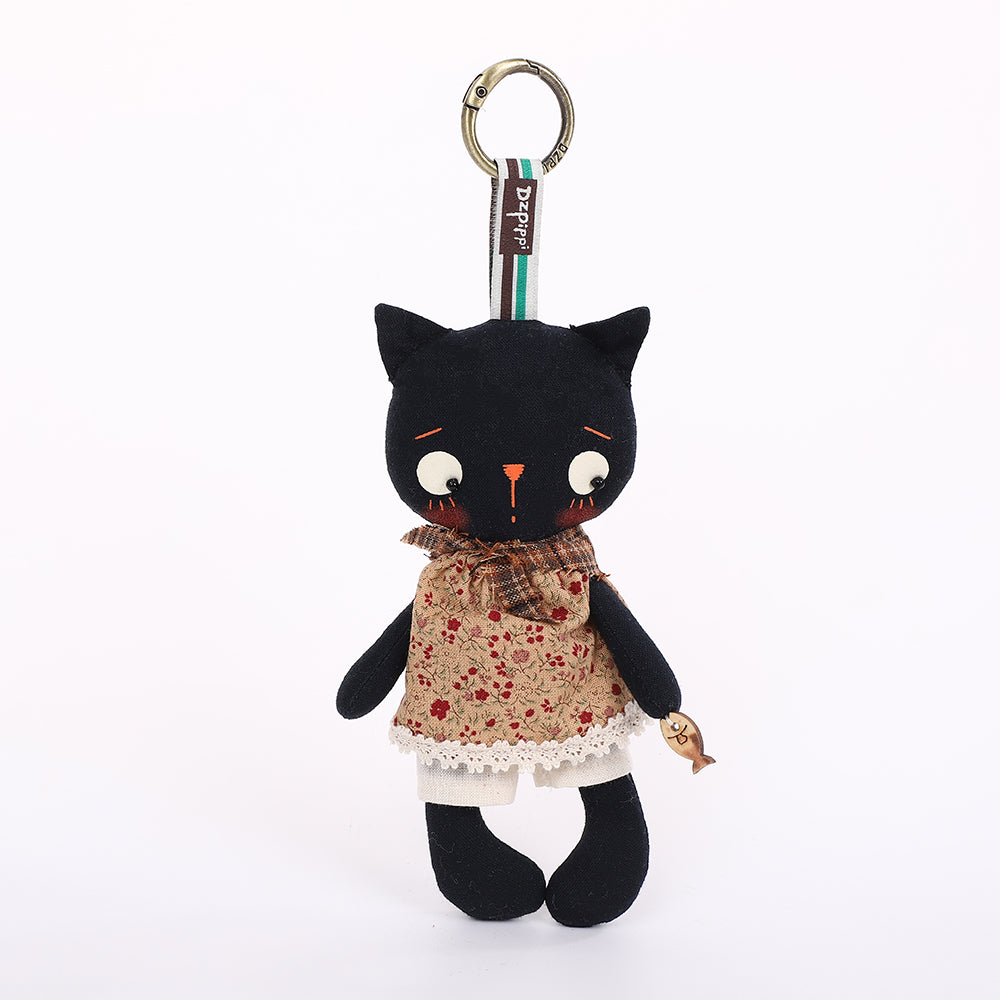 Handmade Fabric Cat Keychain - Yellow Dress Cloth Bag Charm, 1 Pc