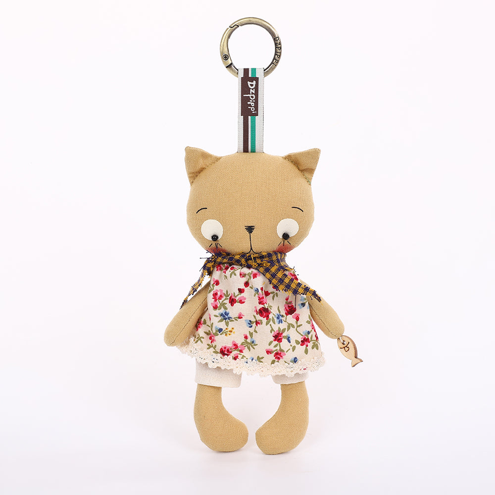 Handmade Fabric Cat Keychain - Yellow Dress Cloth Bag Charm, 1 Pc