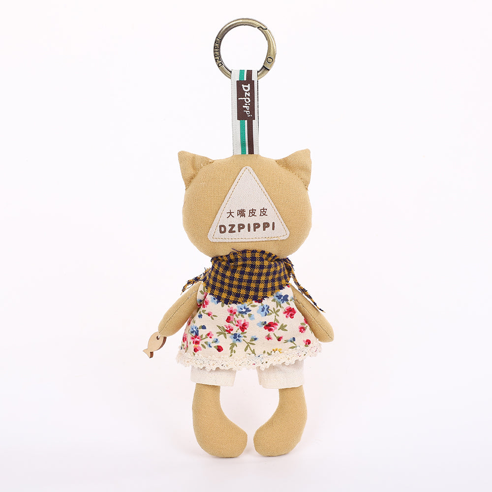 Handmade Fabric Cat Keychain - Yellow Dress Cloth Bag Charm, 1 Pc