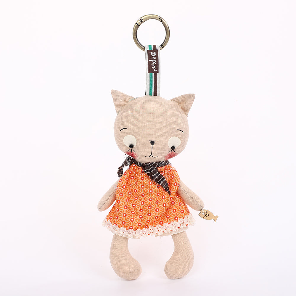 Handmade Fabric Cat Keychain - Yellow Dress Cloth Bag Charm, 1 Pc