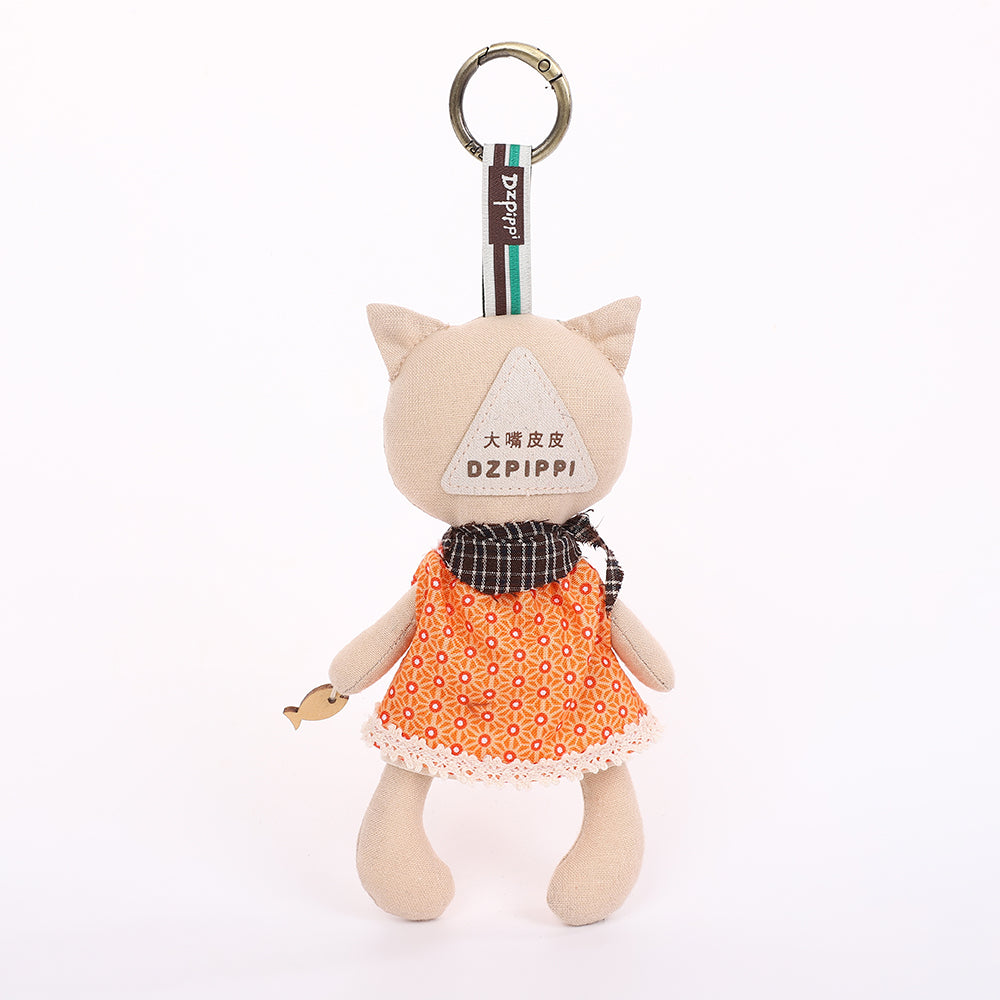 Handmade Fabric Cat Keychain - Yellow Dress Cloth Bag Charm, 1 Pc