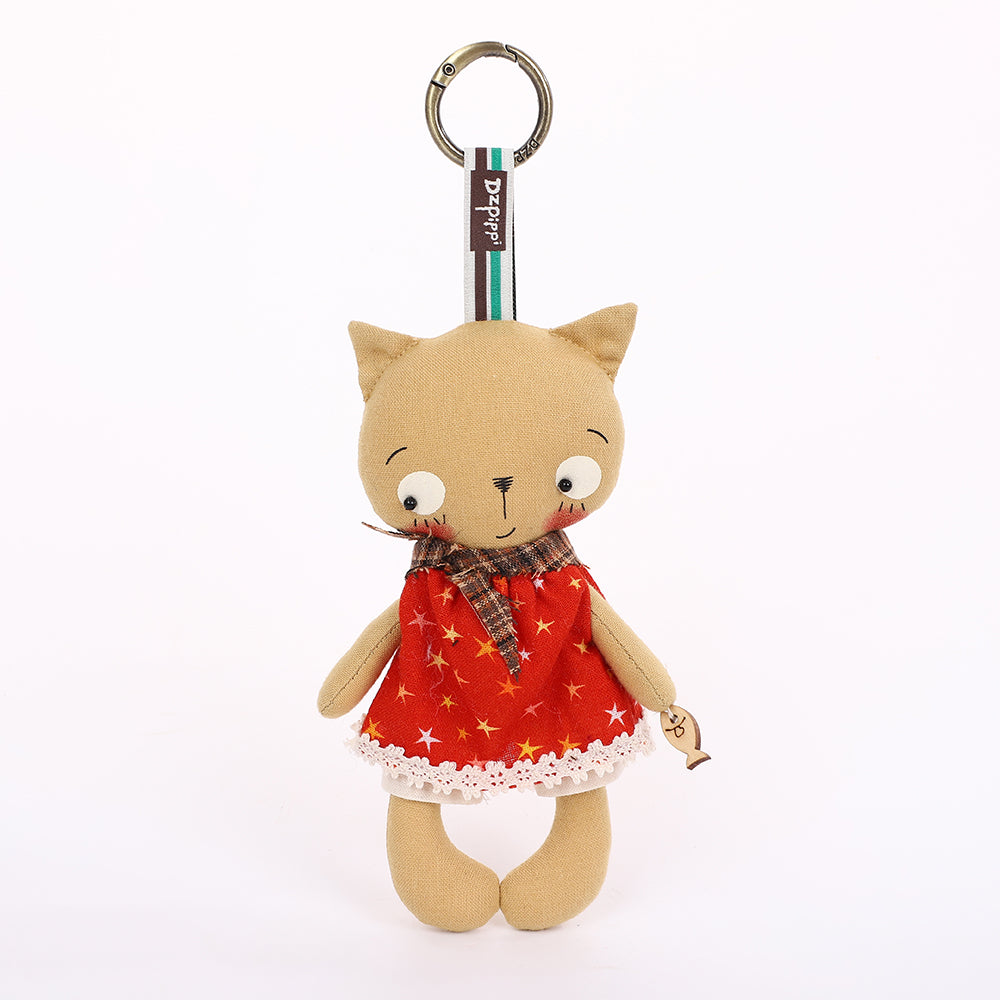 Handmade Fabric Cat Keychain - Yellow Dress Cloth Bag Charm, 1 Pc