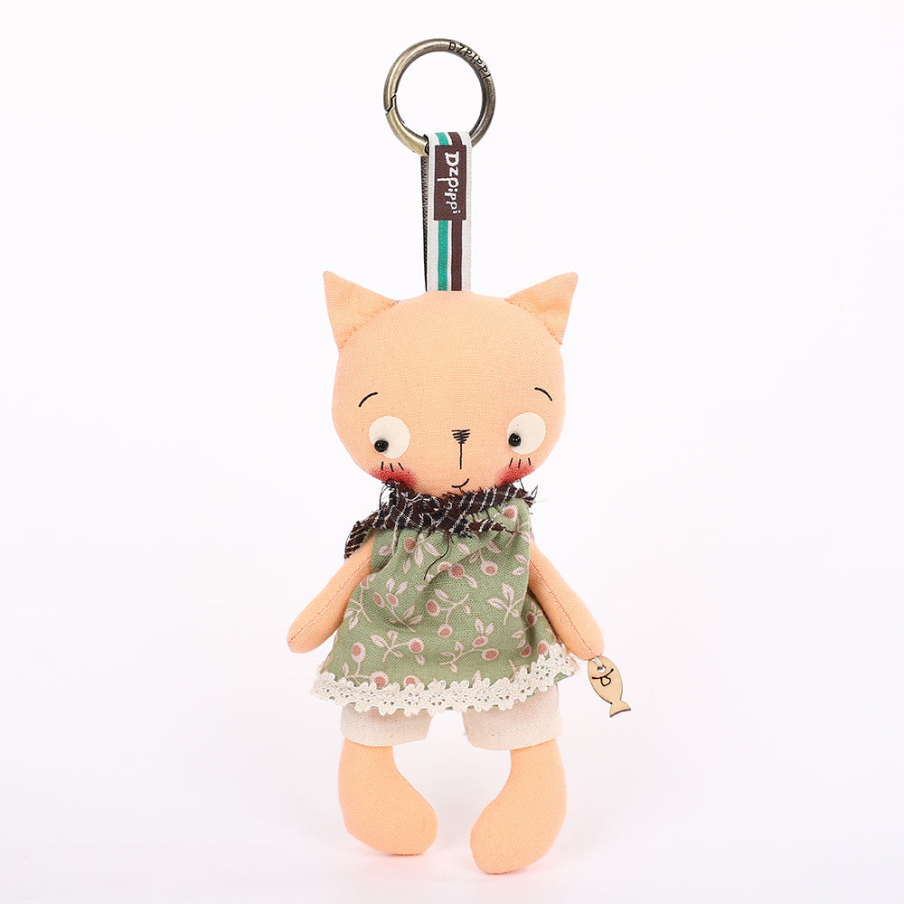 Handmade Fabric Cat Keychain - Yellow Dress Cloth Bag Charm, 1 Pc