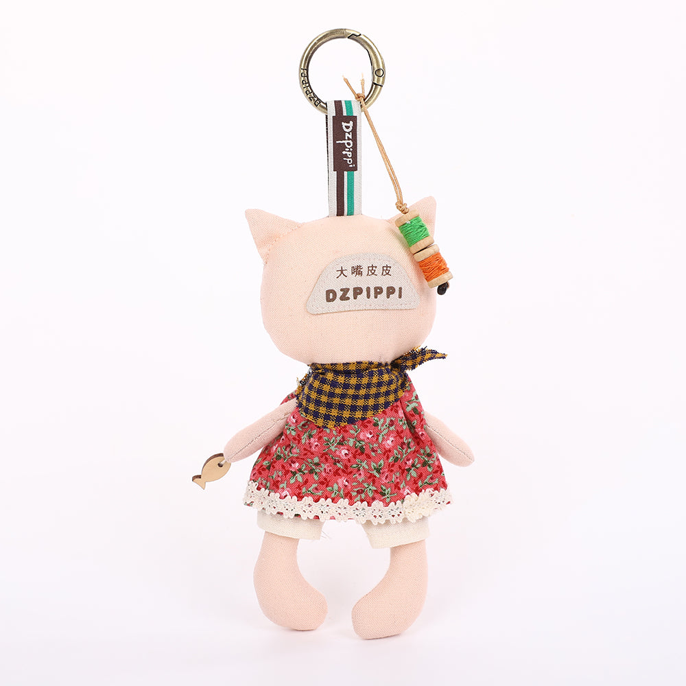 Handmade Fabric Cat Keychain - Yellow Dress Cloth Bag Charm, 1 Pc